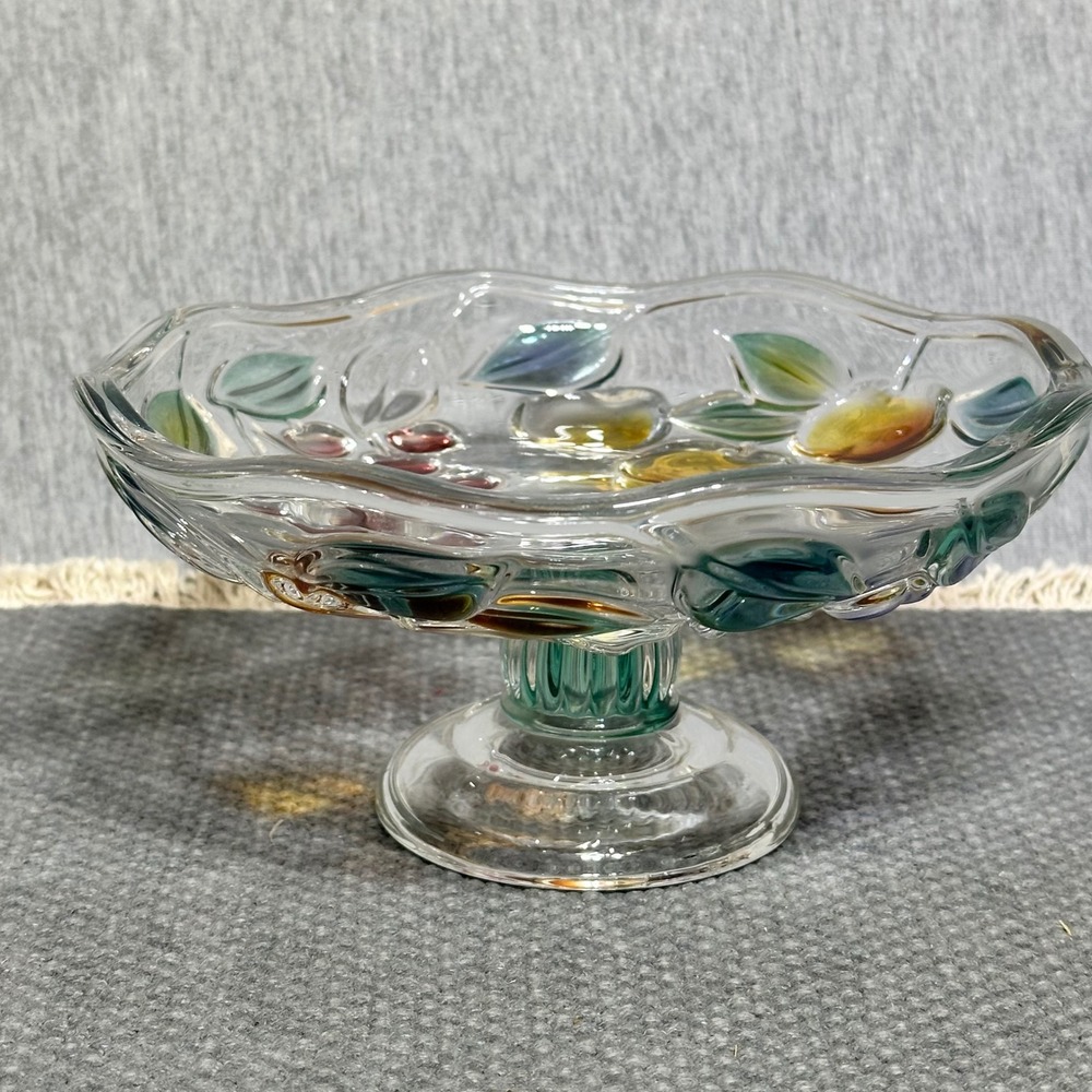 VTG Mikasa Garden Harvest
Pressed Glass Pedestal Bowl
Embossed Colored 3D Fruit